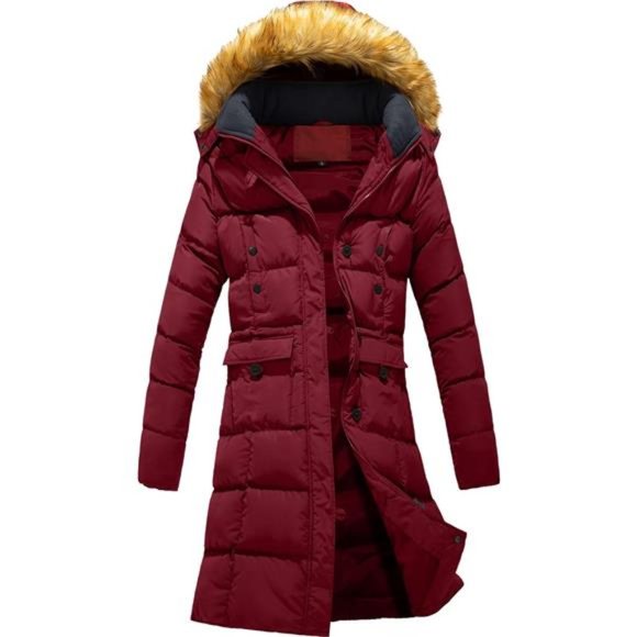 Women's Winter Down Puffer Mid Length Pocket Coat with Removable Fur Hood